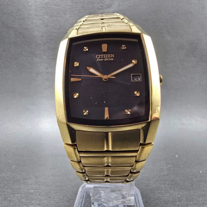 Citizen Eco-Drive Tank Watch Men 31mm Black Dial Gold Date E111-S049369 Runs DG5