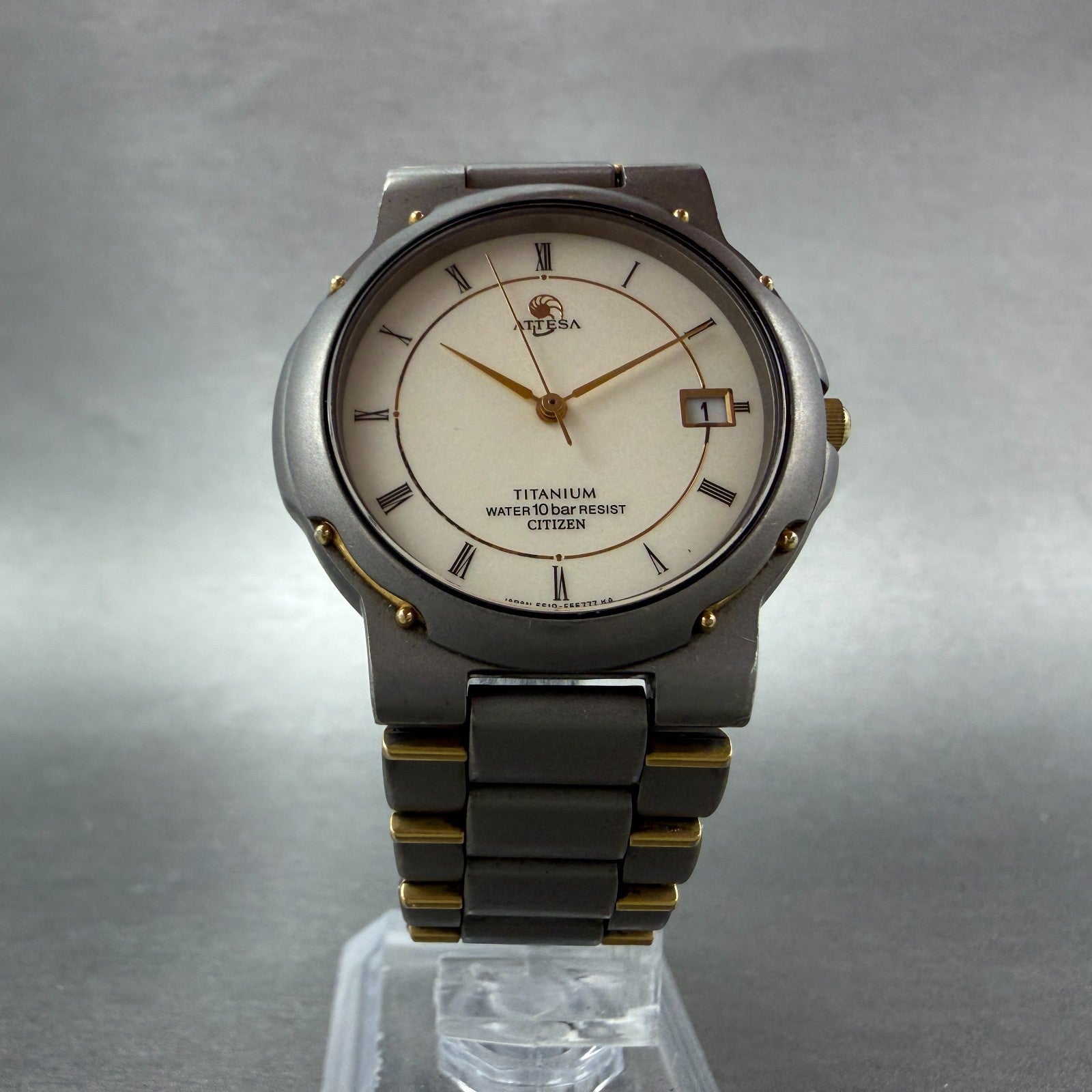 Citizen Attesa Watch Men 33mm Cream Dial Two Tone Titanium Date New Battery5