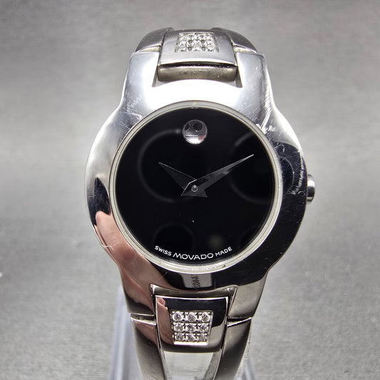 Movado Amorosa Watch Women 24m Black Dial Silver Tone 84 E4 1842 New Batt W/Box0