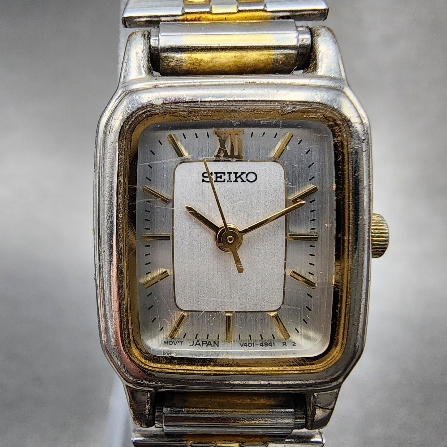 VTG Seiko Tank Watch Women 18mm White Dial Two Tone Rectangle V4015720 New Batt1