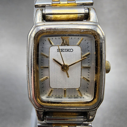 VTG Seiko Tank Watch Women 18mm White Dial Two Tone Rectangle V4015720 New Batt1