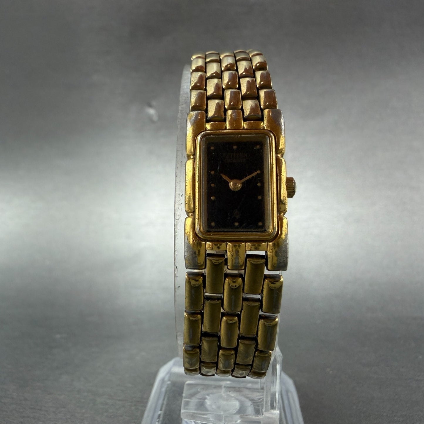 Citizen CQ Tank Watch Women 14mm Black Dial Gold Tone Rectangle New battery VTG5