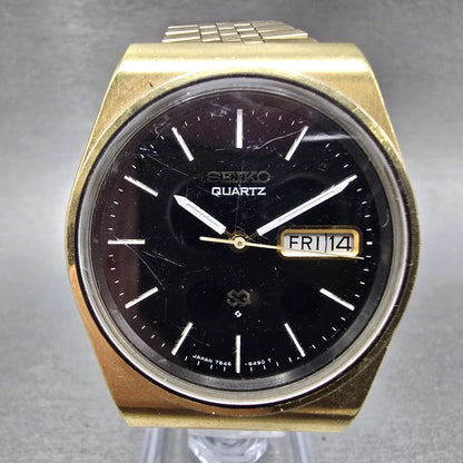 Seiko SQ Watch Men 36mm Black Dial Gold Tone Daydate Round 7546-8419 PARTS0