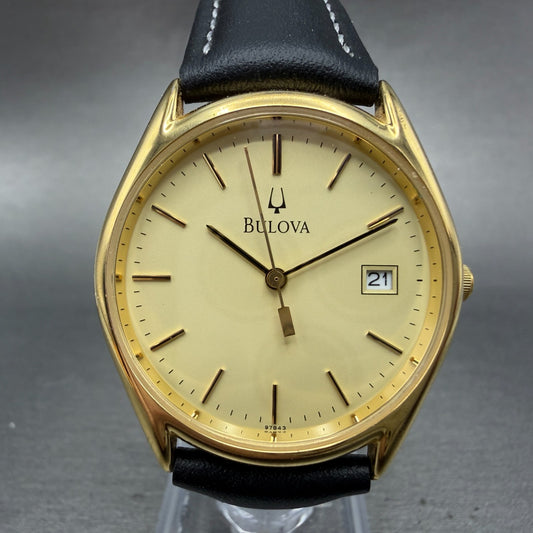 Bulova Watch Men 33mm Champagne Dial Gold Tone Date Round 97B43 New Battery0