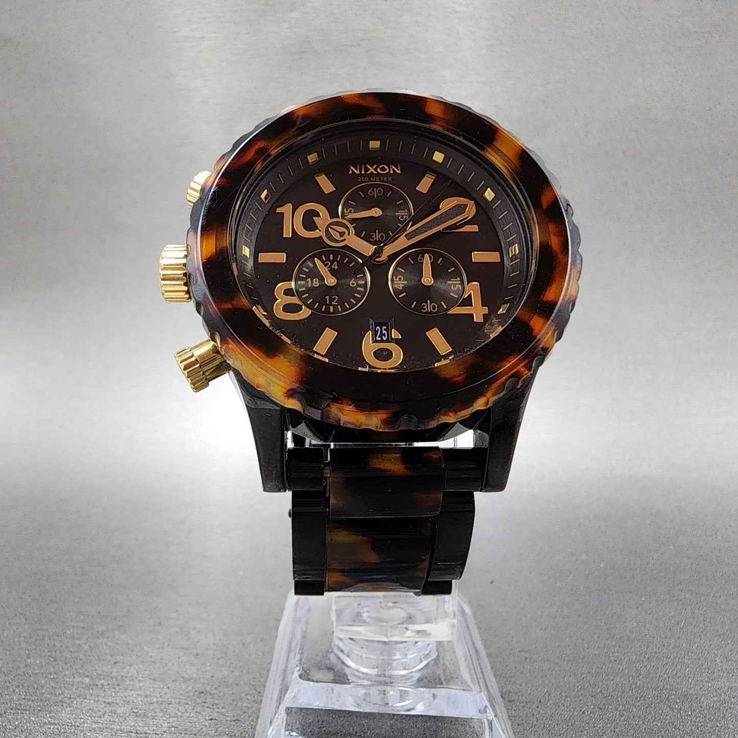 Nixon 4220 Chrono Watch Women 42mm Black Dial Black Tortoise Date New Battery7