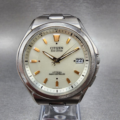 Citizen Attesa Watch Men 38mm Cream Dial Titanium Date Atomic Round Works