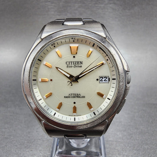 Citizen Attesa Watch Men 38mm Cream Dial Titanium Date Atomic Round Works