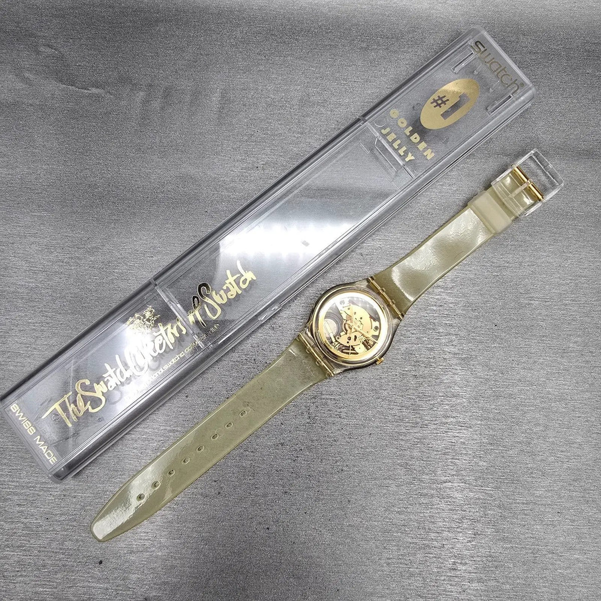 Swatch Golden Jelly Watch Men 34mm Skeleton Dial Clear Case GZ115 New Batt NOS16