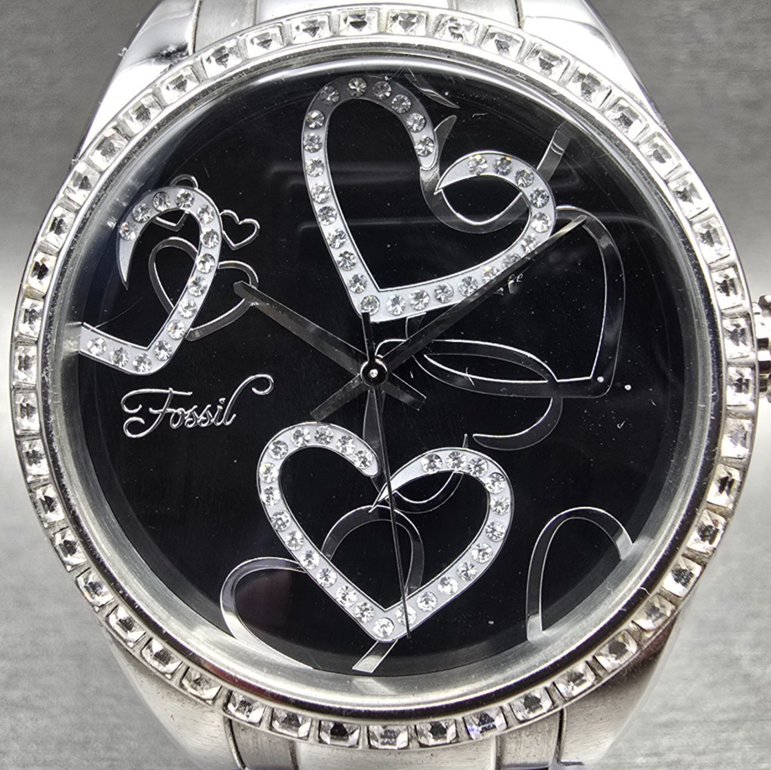Fossil F2 Watch Women 40mm Black Dial Silver Tone Gemmed ES-1951 New Battery1