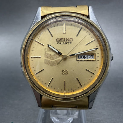 Seiko SQ Watch Men 35mm Gold Dial Two Tone Daydate 5H23-7B79 Round New BatteryI0
