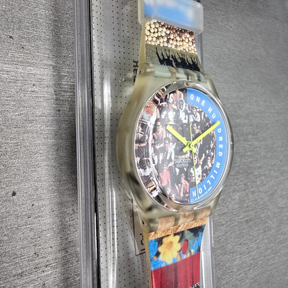 Swatch The People Watch Men 34mm Blue Dial Clear Case GZ126 New Battery NOS5