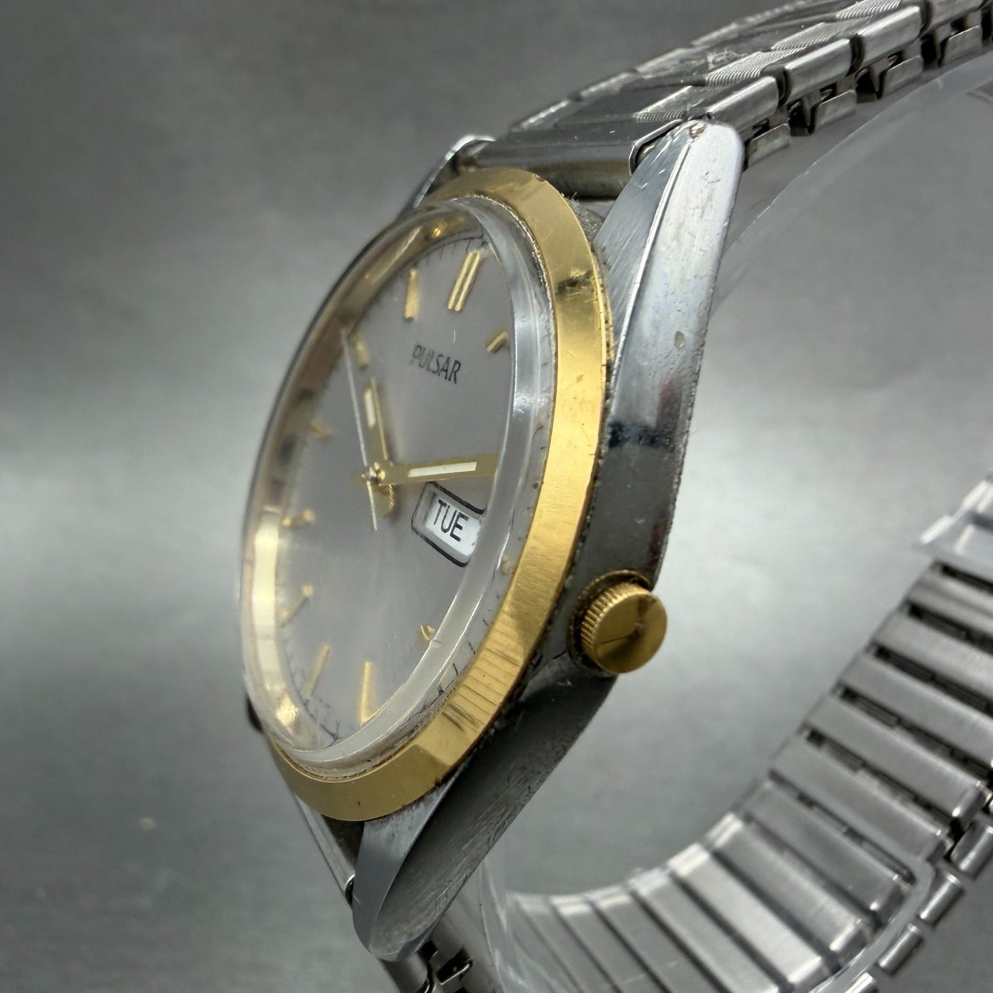 Seiko Pulsar Watch Men 35mm Silver Dial Two Tone Daydate VX33-0AB0 New Battery2