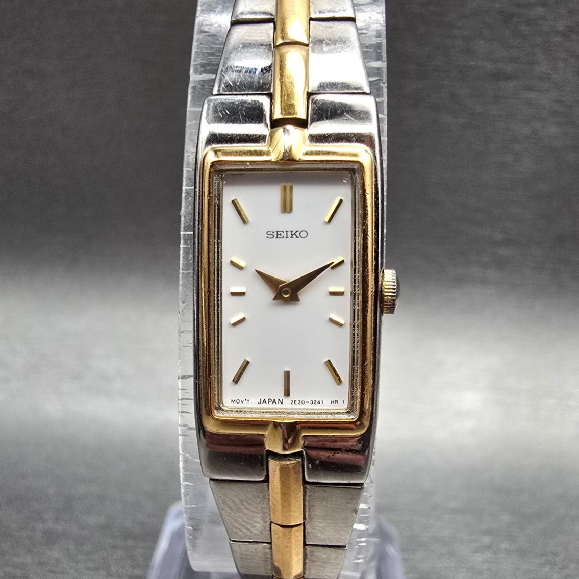 Seiko Tank Watch Women 13mm White Dial Two Tone Rectangle 2E20-7479 New Batt 450