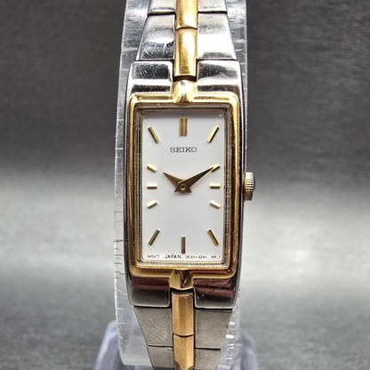 Seiko Tank Watch Women 13mm White Dial Two Tone Rectangle 2E20-7479 New Batt 450