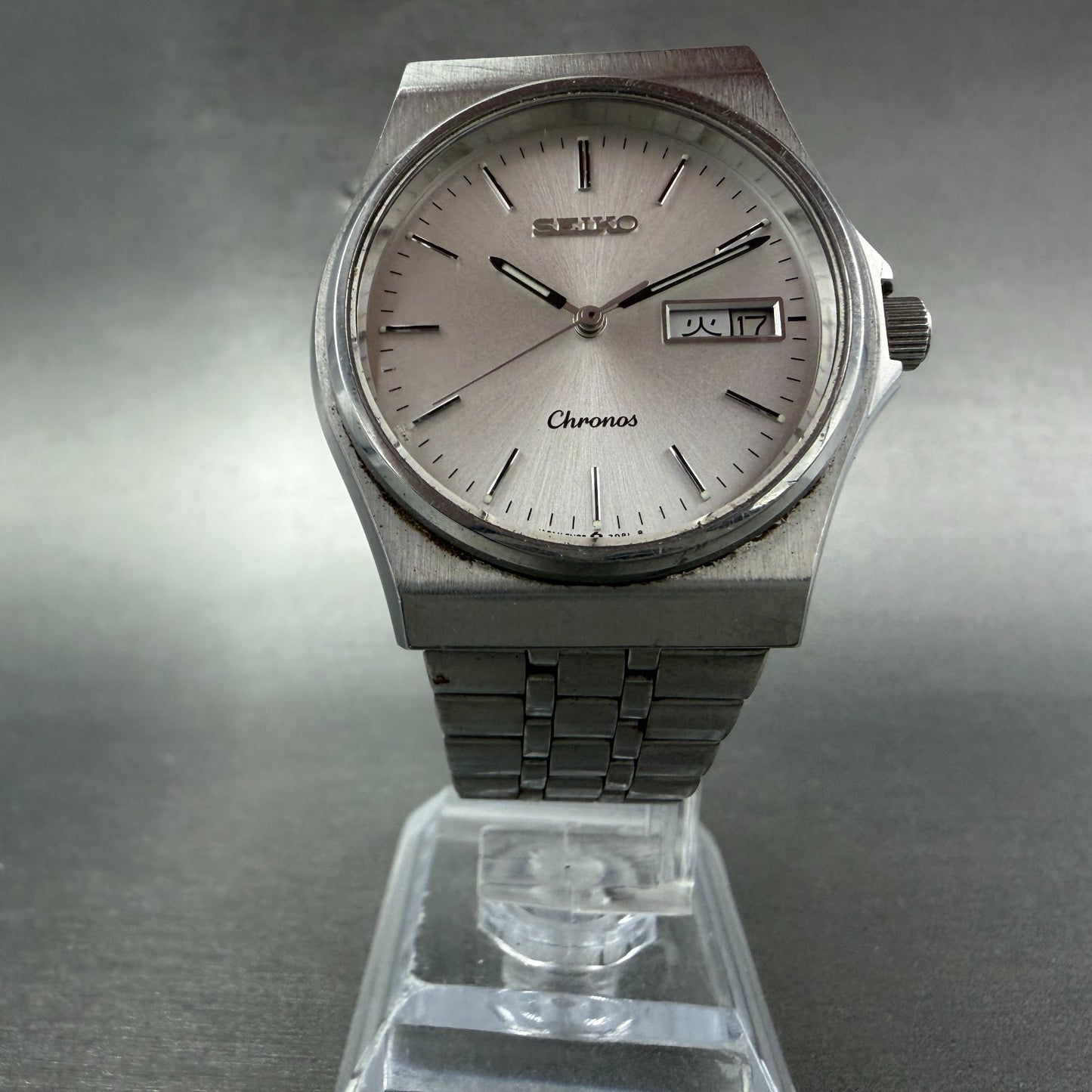 Seiko Chronos Watch Men 35mm Silver Dial Silver Tone Daydate 5h23-7d20 New Batte5