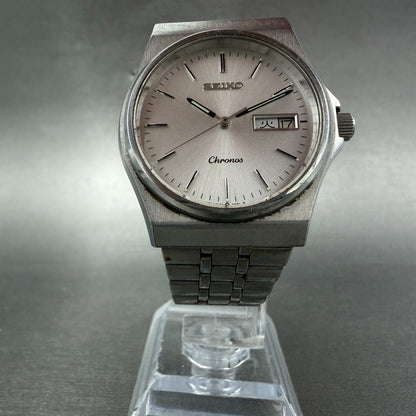 Seiko Chronos Watch Men 35mm Silver Dial Silver Tone Daydate 5h23-7d20 New Batte5