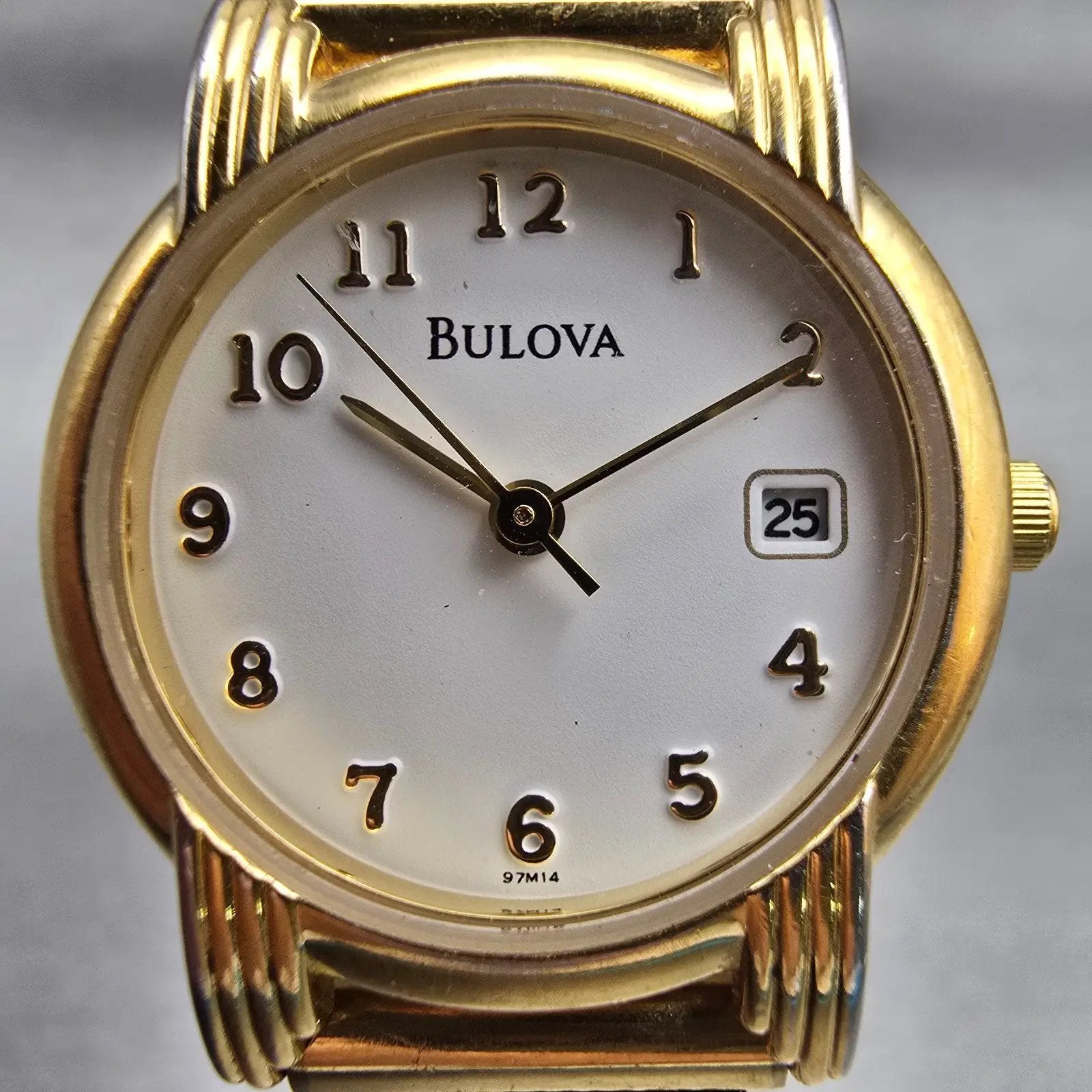 Bulova Watch Women 25mm White Dial Gold Tone Date Round 97M14 New Battery1