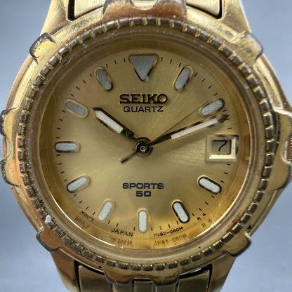 Seiko Sports 50 Watch Women 25mm Champagne Dial Gold Tone Date 7N82-0271 NewBatt1