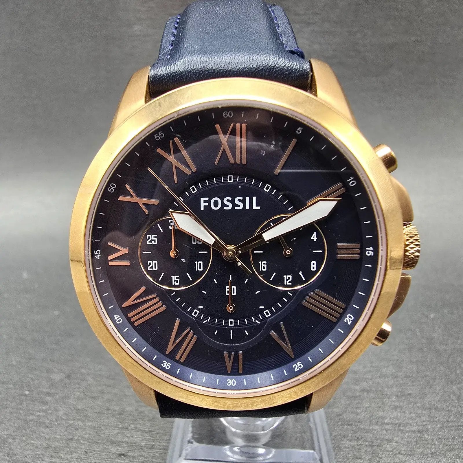 Fossil Grant Chronograph Watch Men 44mm Blue Dial Rose Gold Tone FS4835 New Batt0