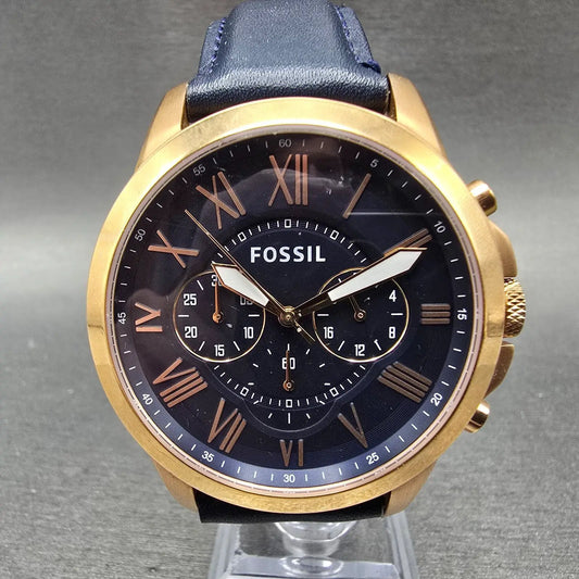 Fossil Grant Chronograph Watch Men 44mm Blue Dial Rose Gold Tone FS4835 New Batt0