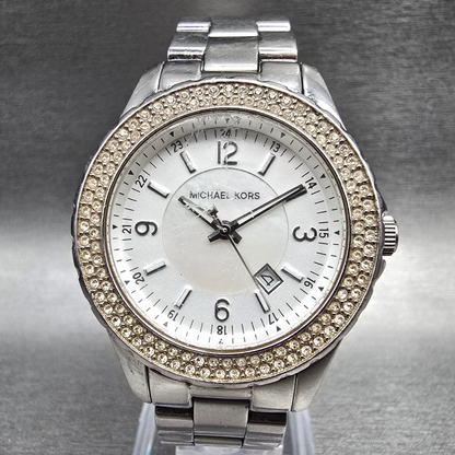 Michael Kors Madison Watch Women 33mm MOP Dial Silver Tone Date MK-5401 New Batt0