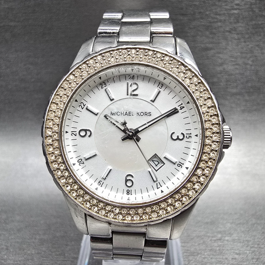Michael Kors Madison Watch Women 33mm MOP Dial Silver Tone Date MK-5401 New Batt0
