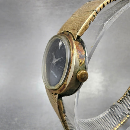 Wittnauer Watch Women 28mm Black Dial Gold Tone Oval Manual Wind Runs VTG2
