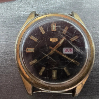 Seiko 5 Automatic Watch Men 37mm Black Gold Tone Daydate 6119-8080 Round PARTS2
