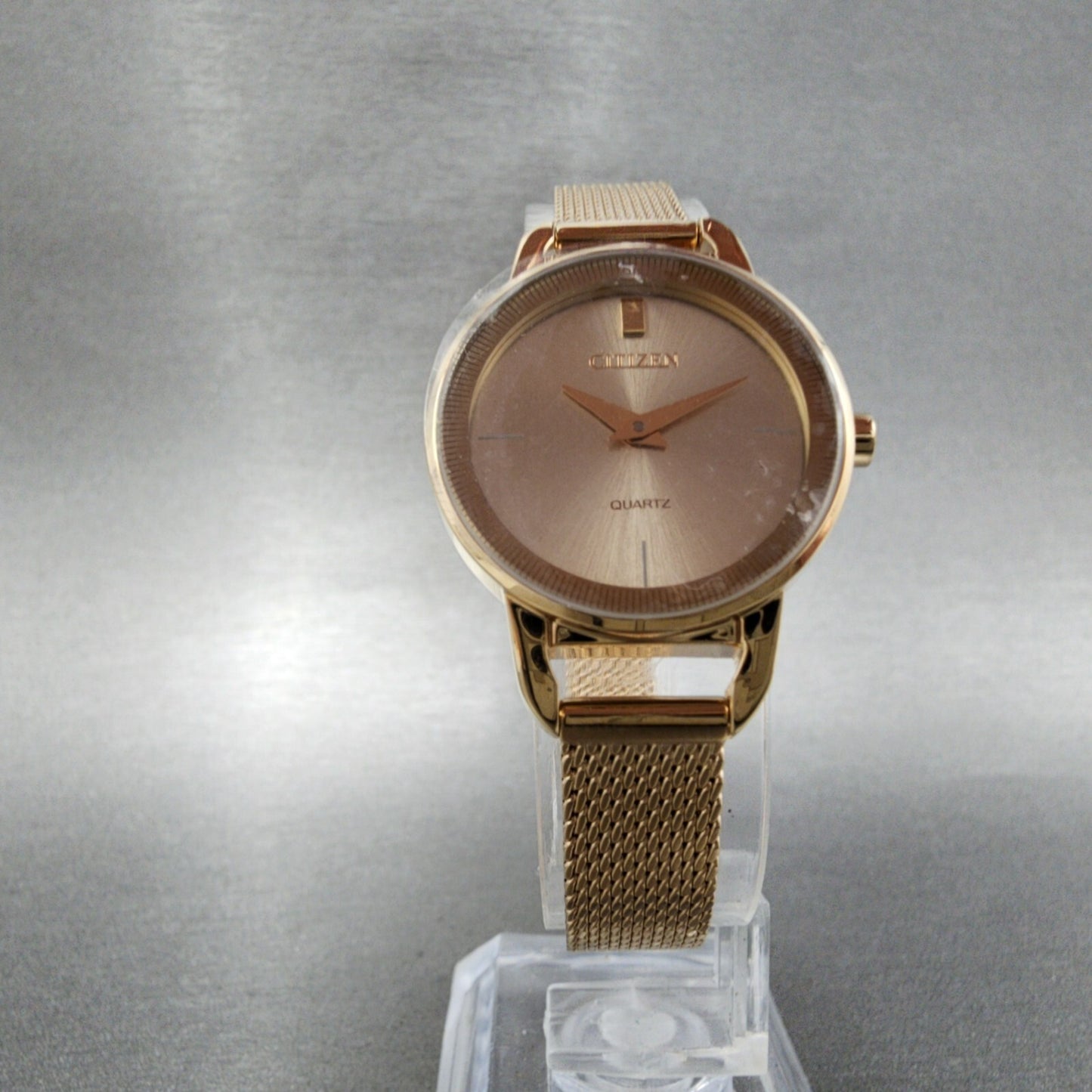 Citizen Watch Women 26mm Champagne Dial Rose Gold Tone Round Mesh Ban EZ700351X5