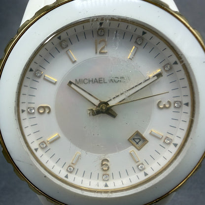 Michael Kors Madison Watch Women 41mm MOP Dial White Tone Date Mk-5249 New Batt1