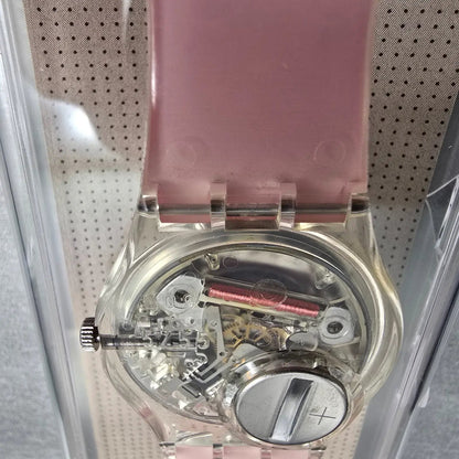 Swatch MoMA Red Watch Men 34mm Silver Dial Clear Case GZ406D New Battery NOS12