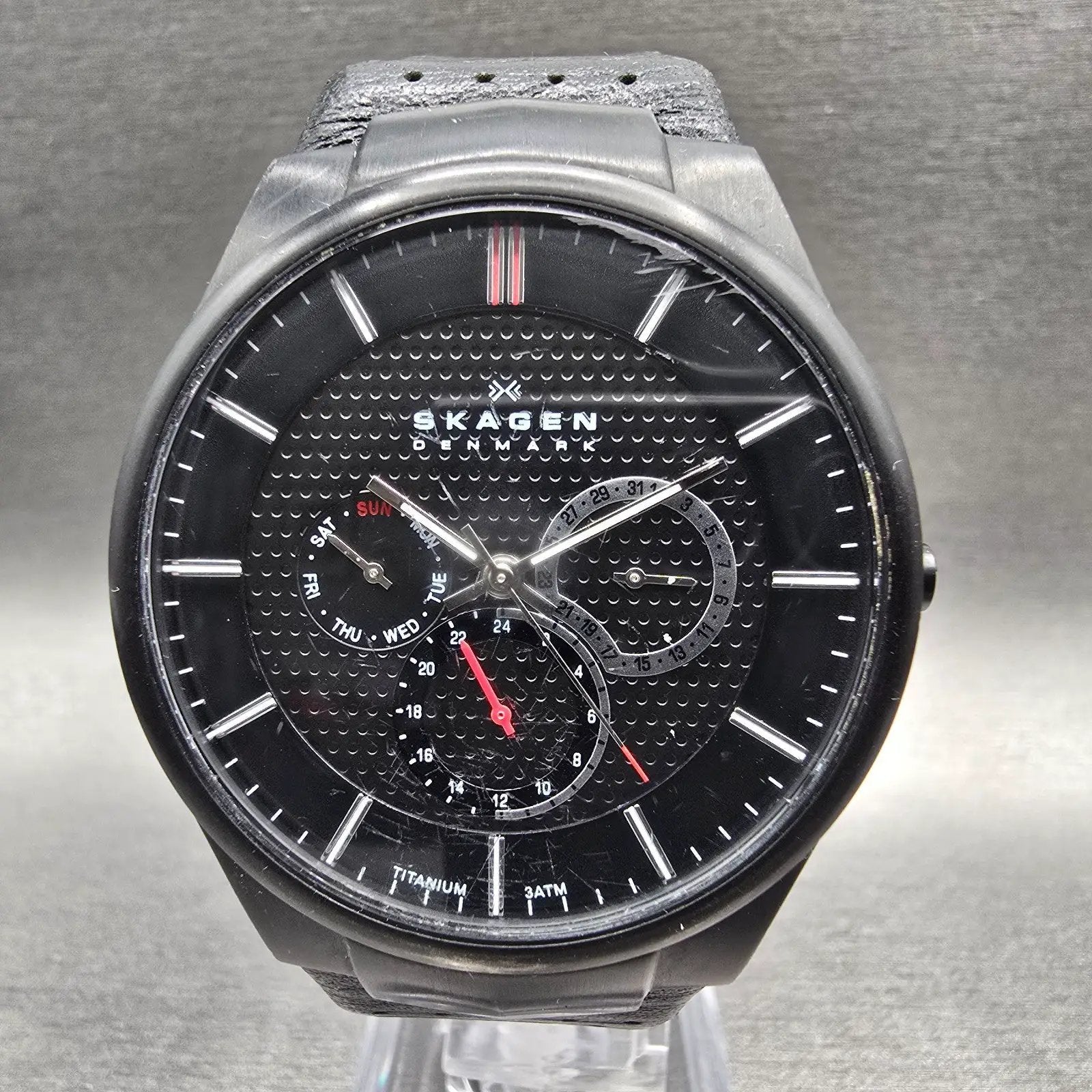 Skagen Watch Men 40mm Black Dial Black Tone Daydate Round 809XLTBLB New Battery0