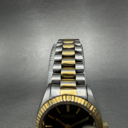 Wittnauer Watch Women 24mm Black Dial Two Tone Date Round 9565 New Battery VTG4