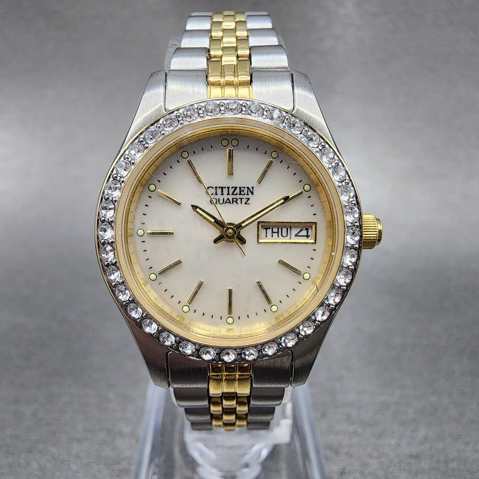 Citizen Watch Women 26mm MOP Dial Crystal Bezel Two Tone Daydate EQ053450D0