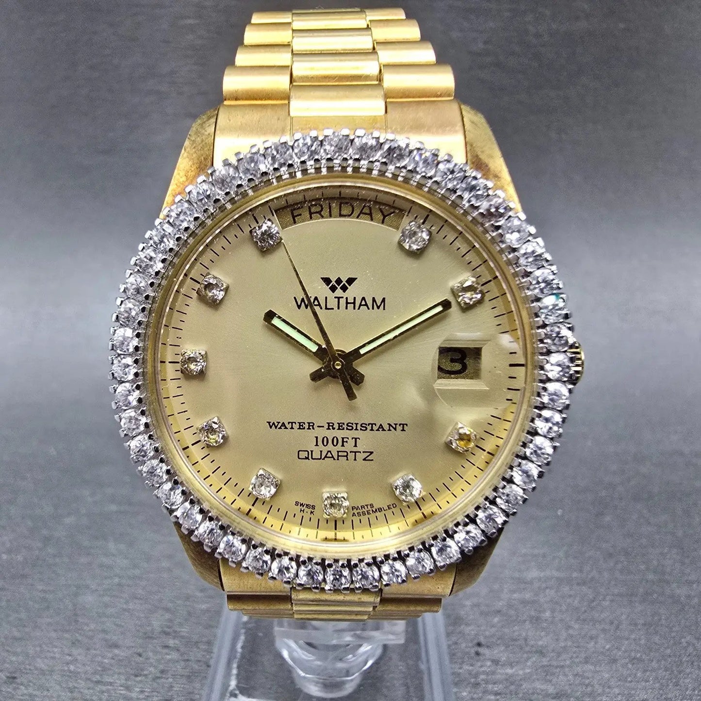 Waltham President Watch Men 36mm Gold Dial Gold Tone Daydate Round New Battery1