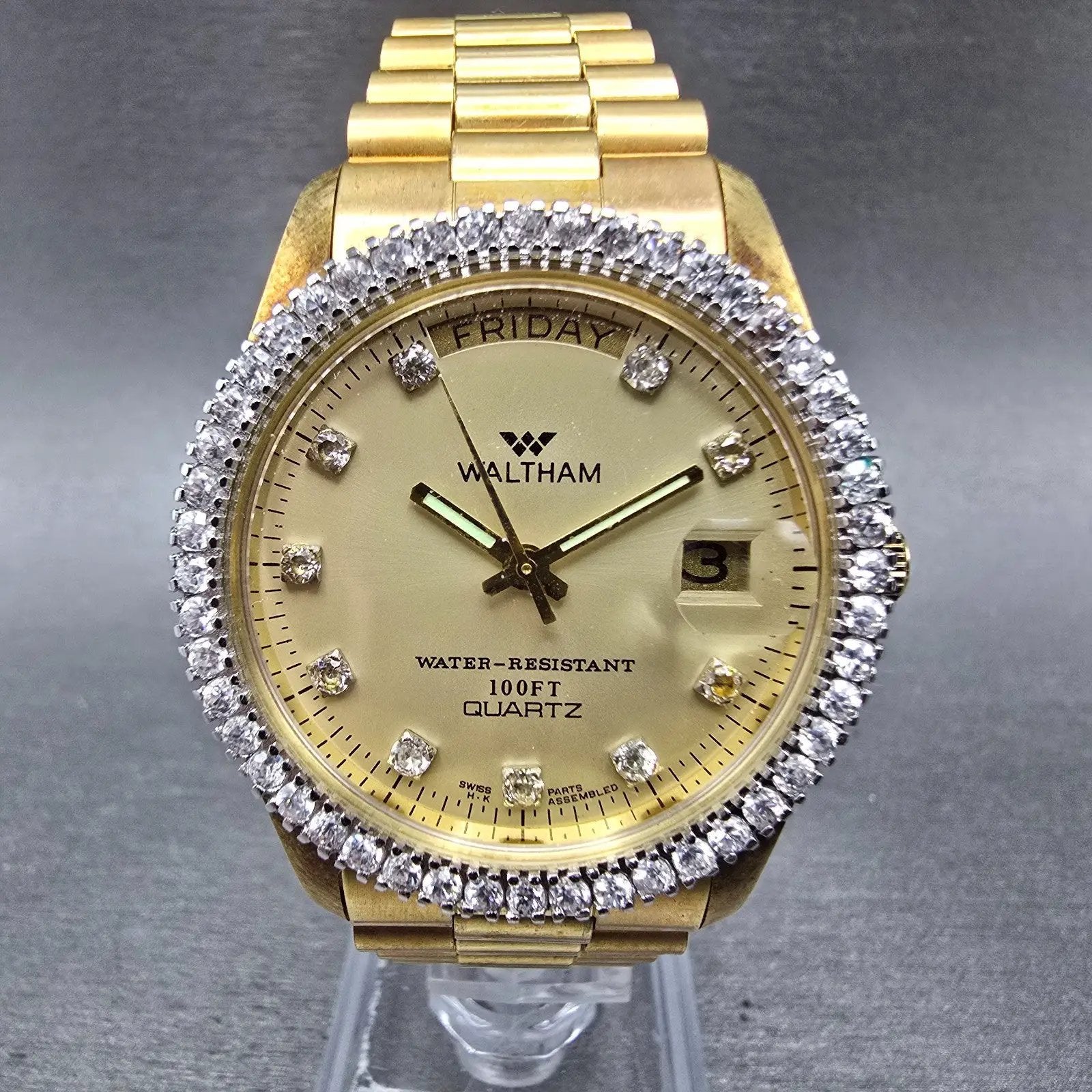 Waltham President Watch Men 36mm Gold Dial Gold Tone Daydate Round New Battery1