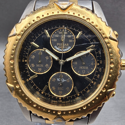 Pulsar Chronograph Watch Men 40mm Black Dial Two Tone Round V656-8000 New Batt1