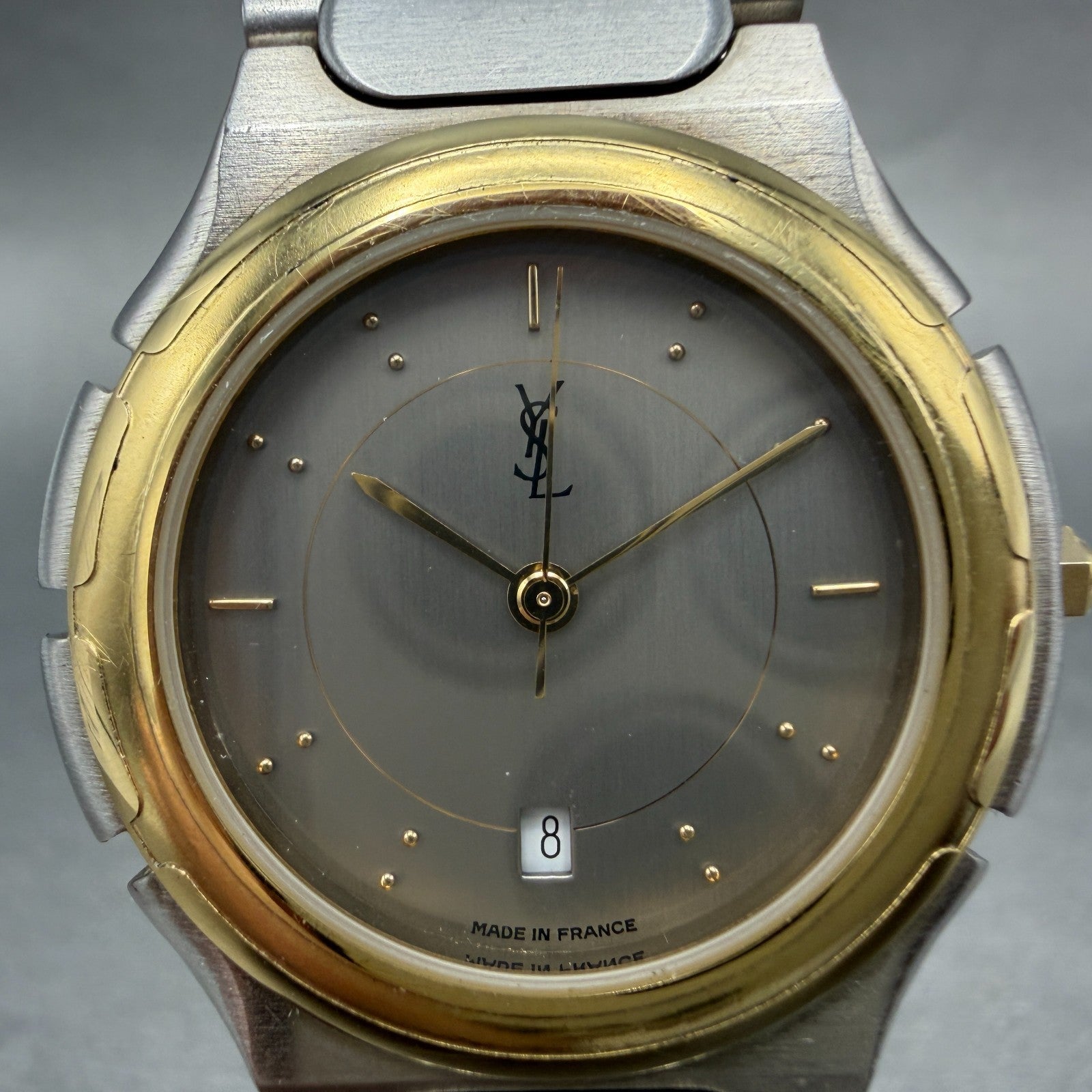 Yves Saint Laurent Watch Men 33m Silver Dial Two Tone Round New Battery1