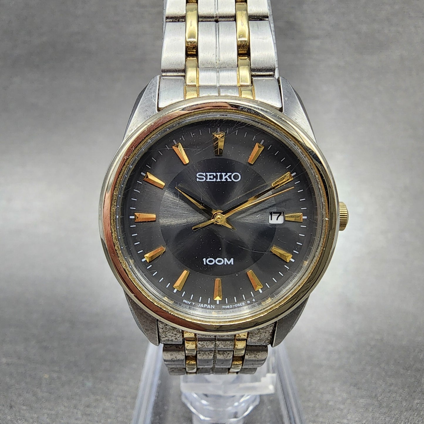 Seiko Watch Women 27mm Gray Dial Two Tone Date Round 7N82-0HF0 New Battery