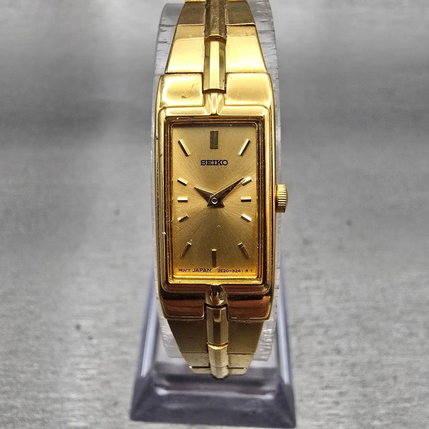 Seiko Watch Women 13mm Gold Dial Gold Tone Rectangle 2E20-7479 New Battery VTG0