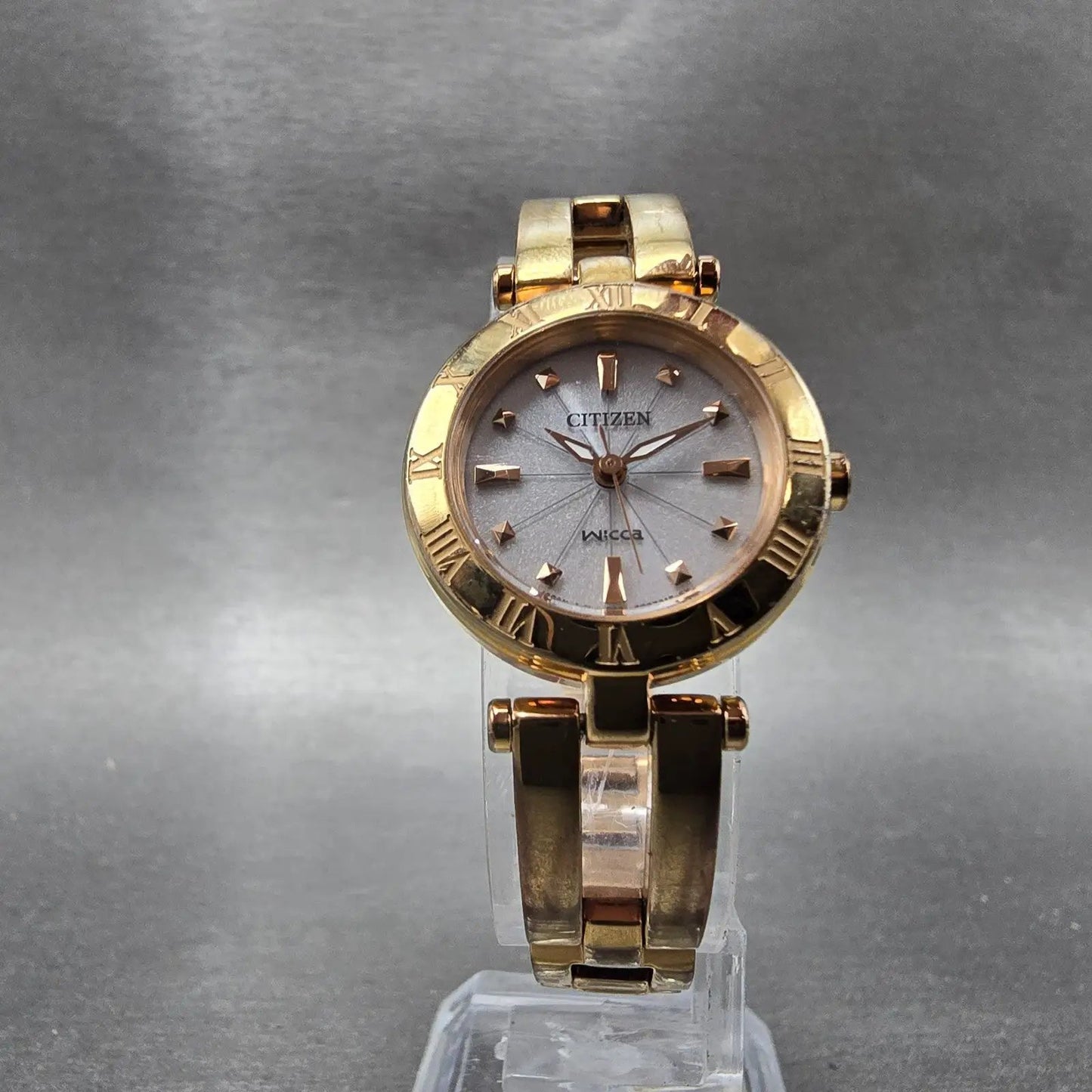 Citizen Wicca Watch Women 24mm White Dial Rose Gold Tone Date Solar Round Runs5