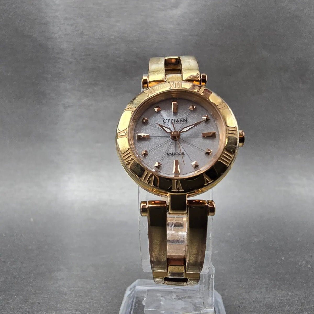 Citizen Wicca Watch Women 24mm White Dial Rose Gold Tone Date Solar Round Runs5