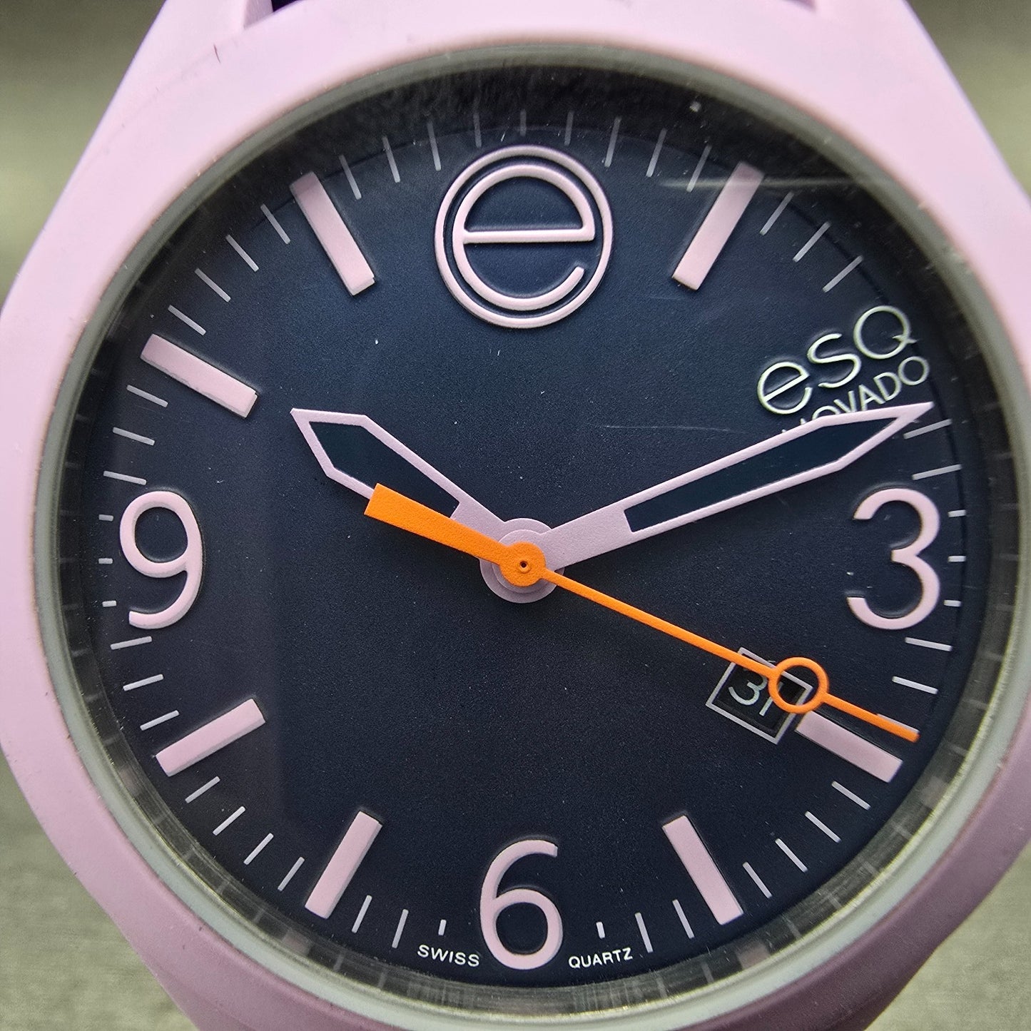 ESQ Movado One Watch Women 42mm Purple Dial Pink Date Round 07301433 New Battery1