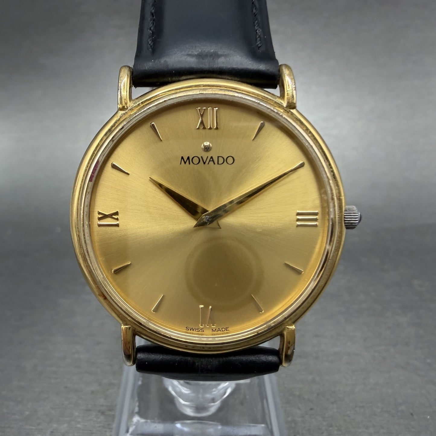 Movado Watch Men 34mm Gold Dial Gold Tone Round 87-E4-0885 Leather New BatteryAB0
