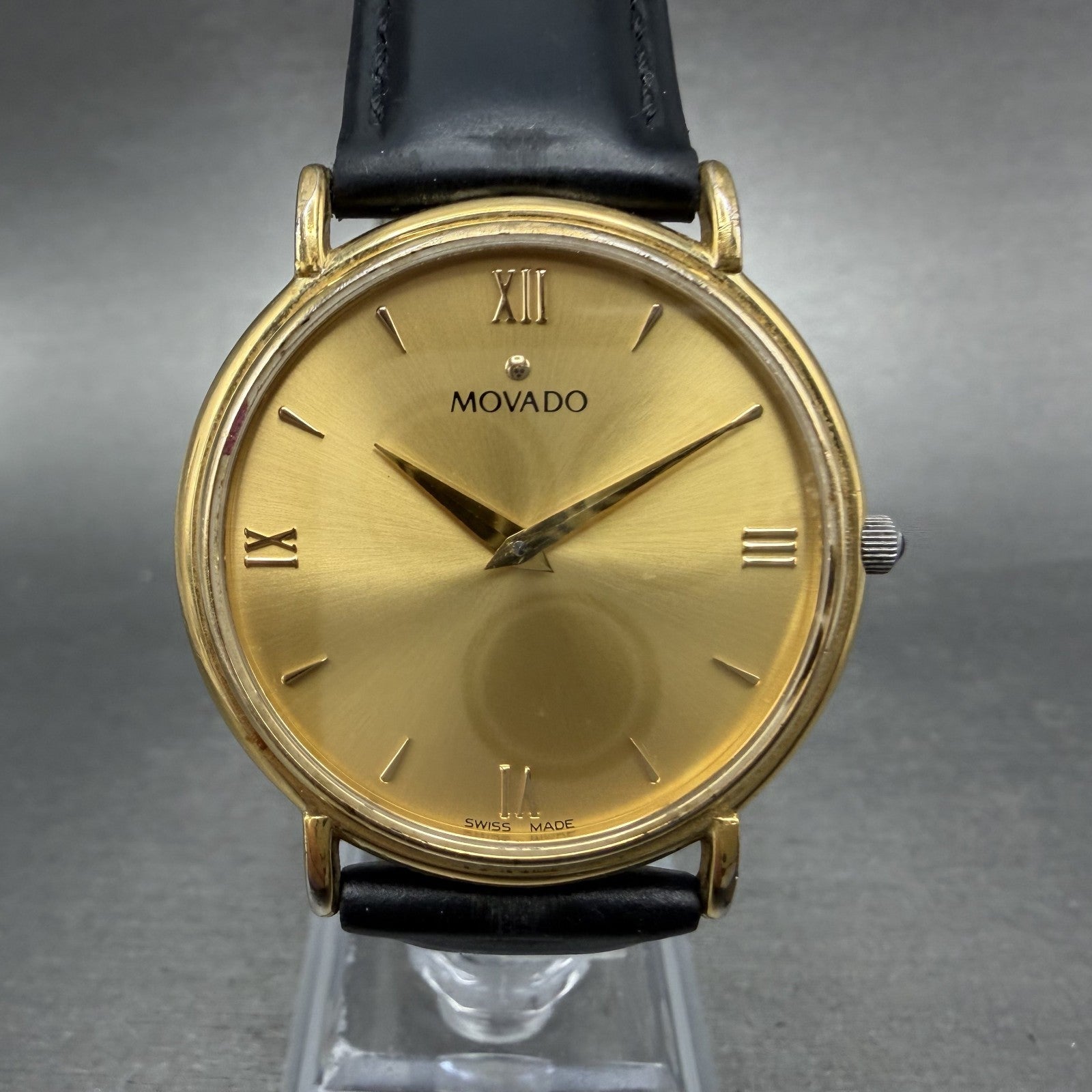 Movado Watch Men 34mm Gold Dial Gold Tone Round 87-E4-0885 Leather New BatteryAB0