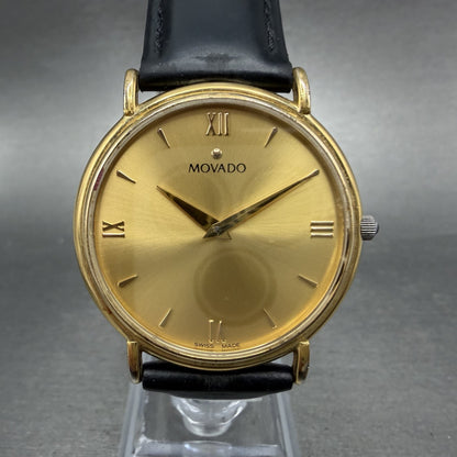 Movado Watch Men 34mm Gold Dial Gold Tone Round 87-E4-0885 Leather New BatteryAB0