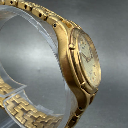 Seiko Watch Women 26mm Champagne Dial Gold Tone Date Round 7n82-0599 New Batt N53