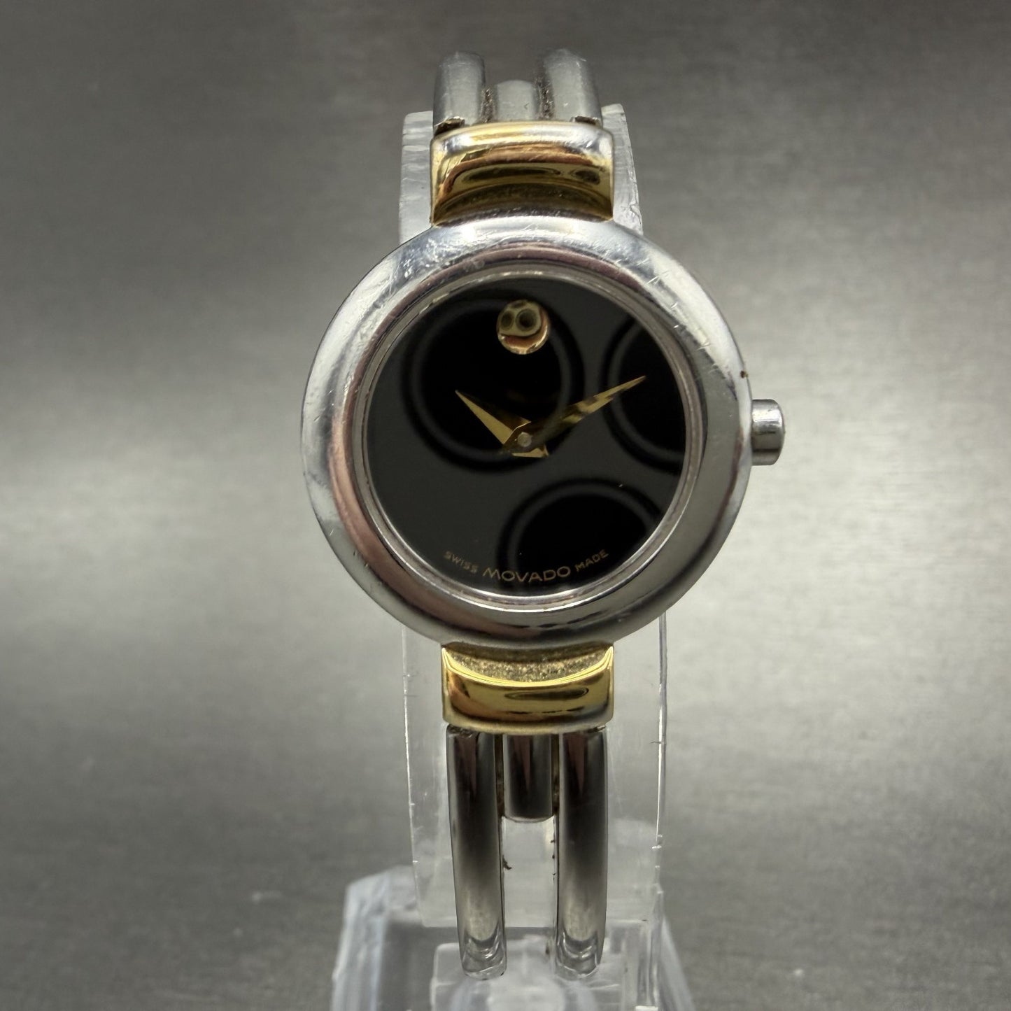 Movado Harmony Watch Women 23mm Black Dial Two Tone bangle Round New Battery AB0