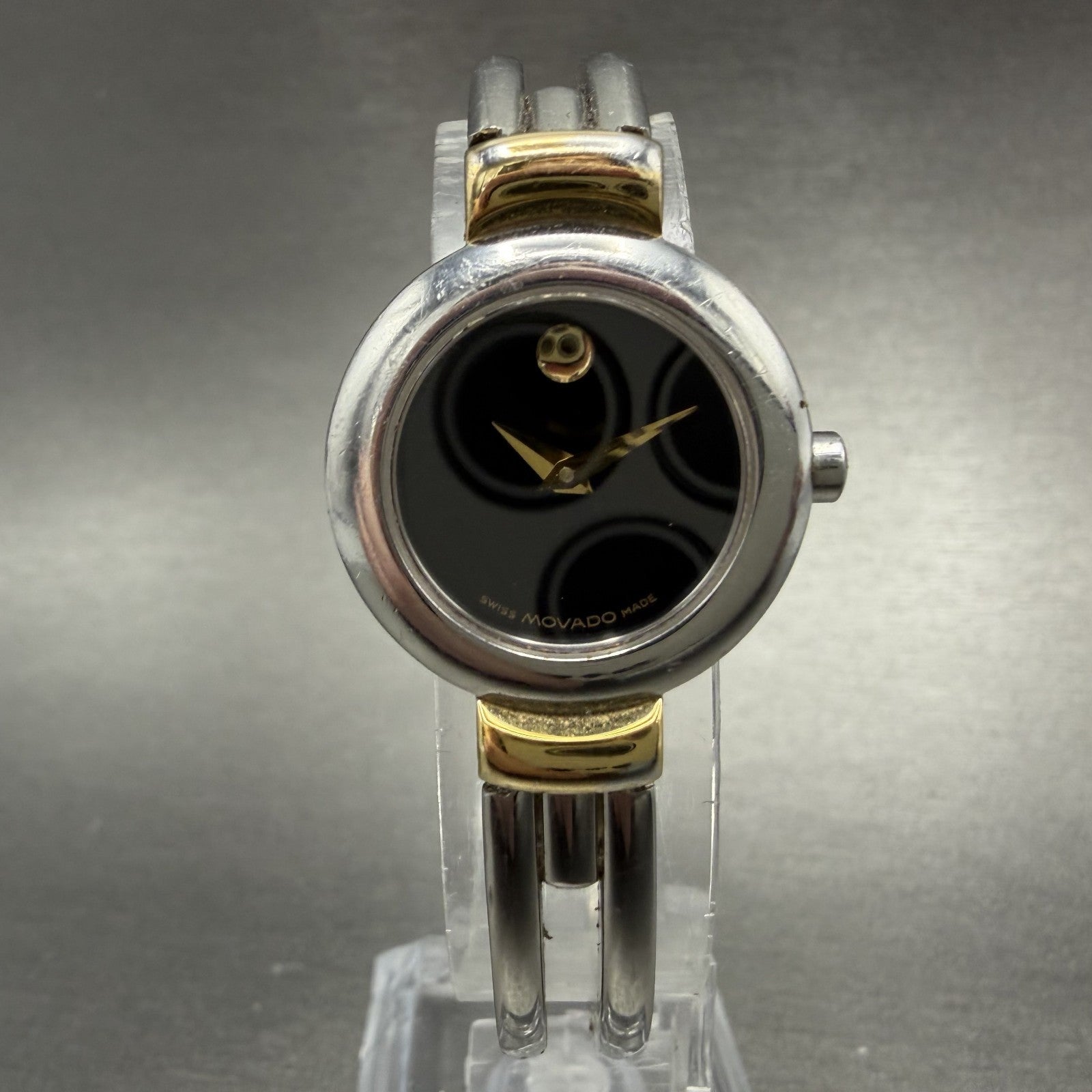 Movado Harmony Watch Women 23mm Black Dial Two Tone bangle Round New Battery AB0