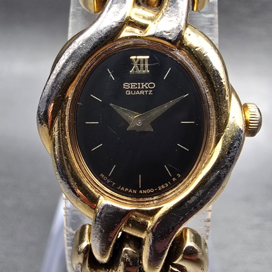 Seiko Watch Women 18mm Black Dial Gold Tone Oval 4N00-F080 New Battery Vintage1